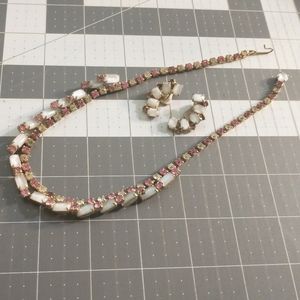 Costume Necklace and clip on earrings set silver tone with pink white and clear
